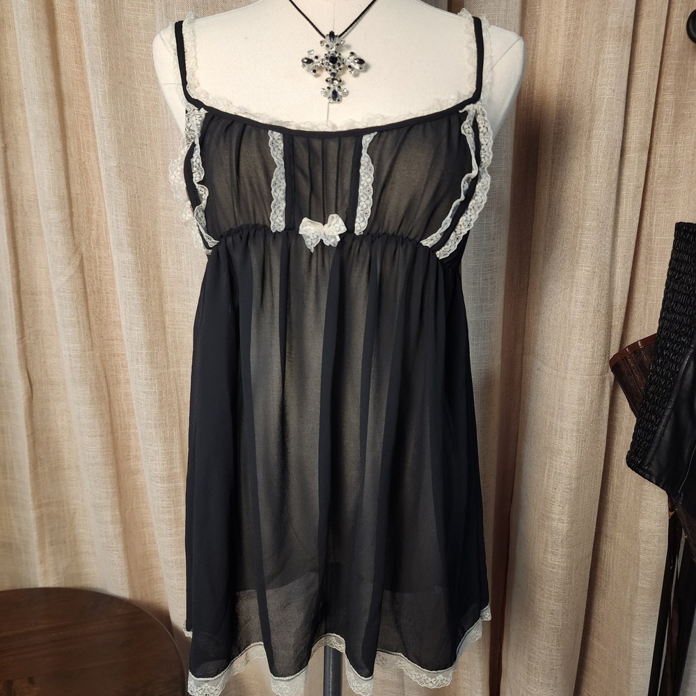 Victoria's Secret Y2K Black Sheer Babydoll Dress L White Lace Coquette Goth